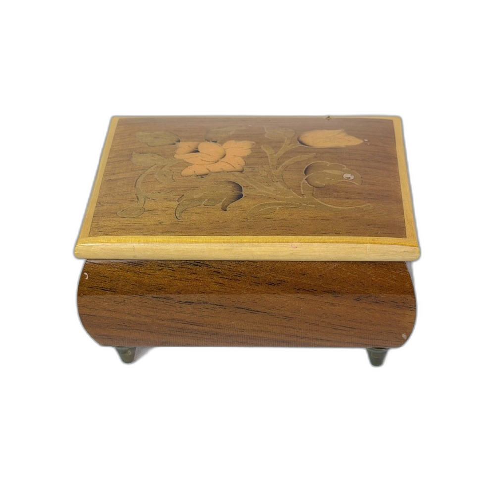 Vtg Inlaid Wood Floral Music Box Made in Italy Pachelbel San Francisco Music Co